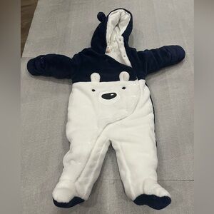 [3-6m]First Wish Polar Bear Navy White Snowsuit Snap Hooded Footed Mittens EUC